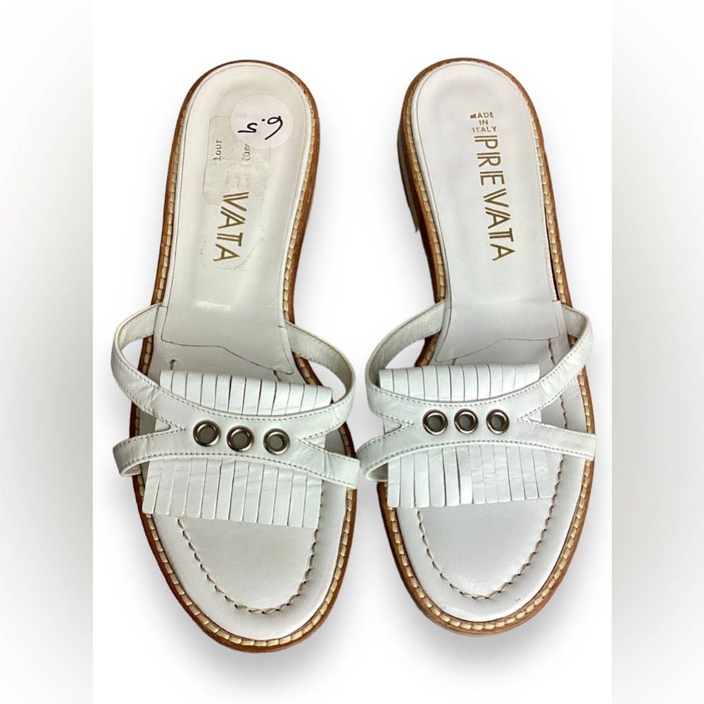 Prevata White Leather Fringe Slide Sandals